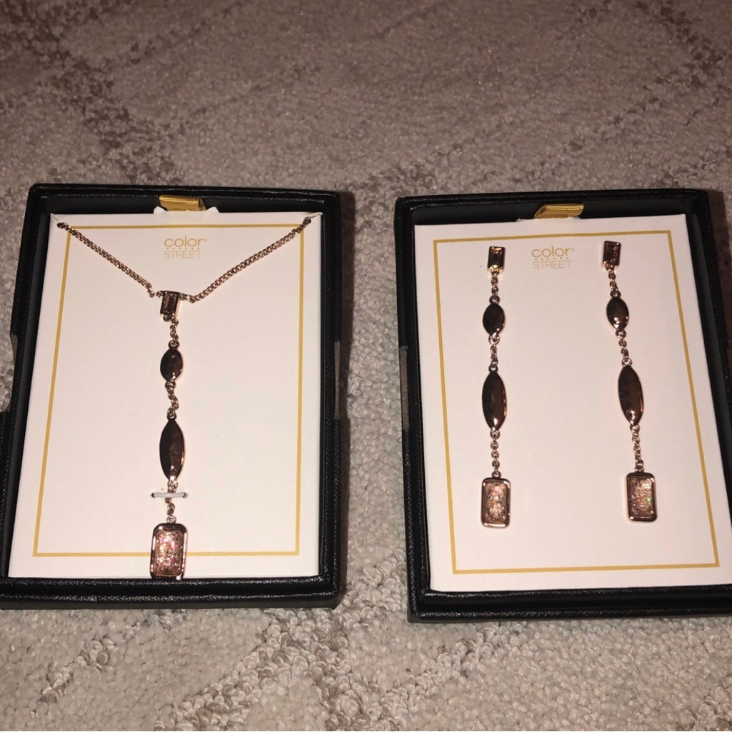 Nwt Color Street Tokyo Lights Rose Gold Necklace And Earrings Set